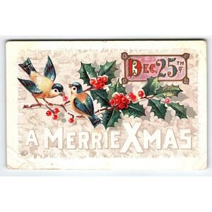 Vintage 1912 Christmas Postcard with Birds & Holly - Dec 25th Greeting